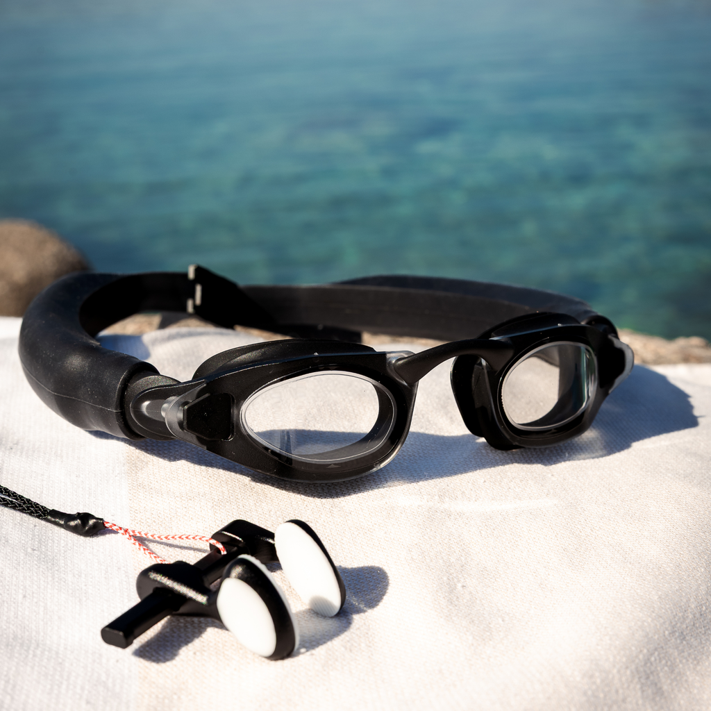 Up'n'Dive freediving goggles and black nose clip