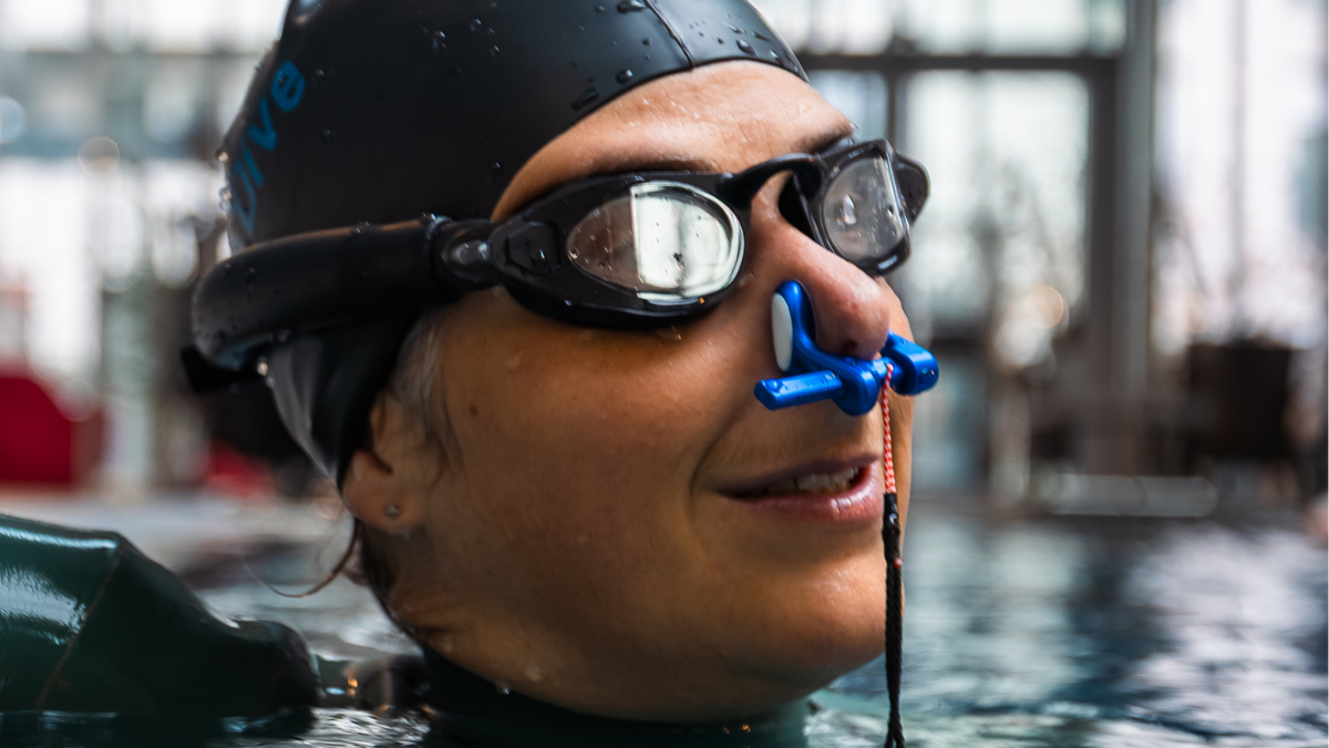 Freediver with blue Up'n'Dive nose clip